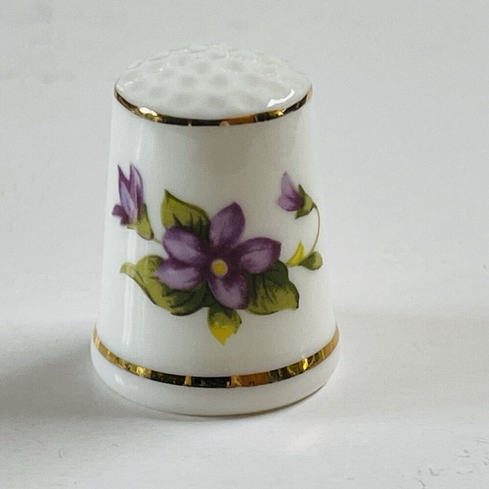 Vintage Floral Porcelain Thimble Bone China Gold Trim Purple Green